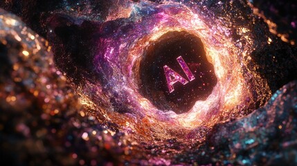 Abstract swirling tunnel with glowing text.