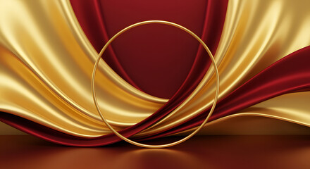golden circle frame on a luxury red and gold silk satin-like curtain fabric used as abstract background