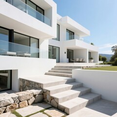 White Modern Villa with Stone Steps and Sunny Exterior
