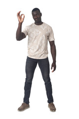front view of man showing the OK sign with his hand on white background