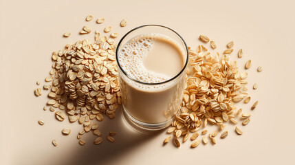 Vegan oat milk in clear glass with oat flakes on table, natural dairy substitute for healthy plant-based nutrition