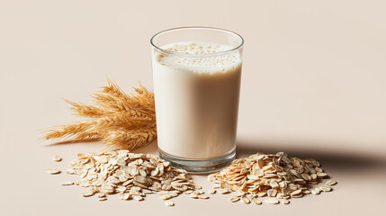 Glass of plant-based oat milk surrounded by oatmeal flakes on neutral beige background, healthy vegan drink alternative