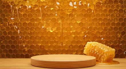 wooden podium with honey drip on juicy oozy honeycomb wall background for product display