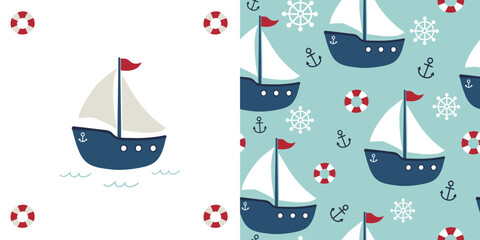 Boat greeting card and seamless pattern with nautical elements. Vector illustration. Can be used for wallpaper, gift wrapping, cards, clothing patterns, and more.