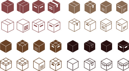 Isometric Brown Boxes Assortment Set, Outline Design Elements, Transparent Background