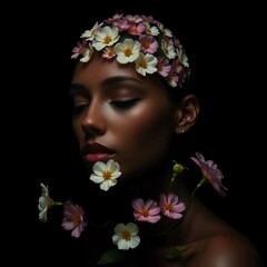 Beautiful woman adorned with flowers, showcasing artistic expression in dramatic lighting against a dark background