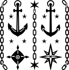 Nautical Elements, Anchors, Chains, Stars, and Compass Rose Vector Illustration © Shuvo