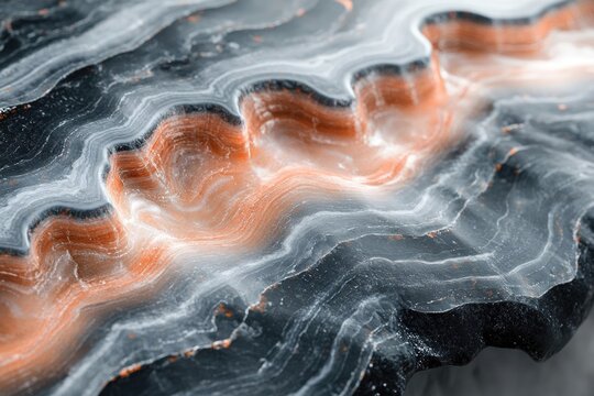 Detailed close-up shot showcasing an abstract mineral formation with orange and grey layers, creating a stunning topographic effect.