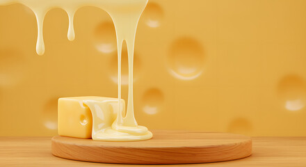 wooden podium with melted cheese drip on cheese texture background for cheesy flavor product display