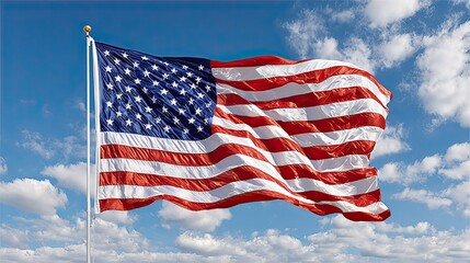 Obraz premium American flag waving in the wind against blue sky with clouds symbolizing patriotism and national pride