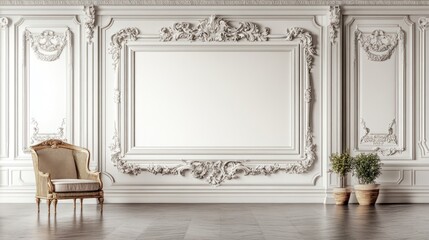 Empty frame in a luxurious, ornamented, light-beige room.