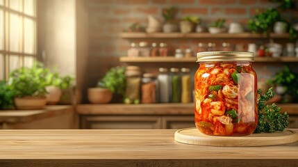 Kimchi Jar of preserved vegetables on a wooden counter in a rustic kitchen.