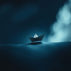 Small paper boat gliding on calm water in a dimly lit environment at night