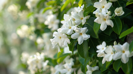 A delicate border of white jasmine flowers, featuring soft petals and green leaves, creating an elegant, natural frame perfect for design or decoration...