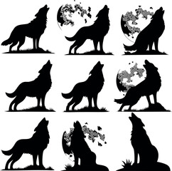 Collection of Wolf Howling Silhouettes at the Moon in Various Poses
