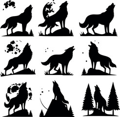 Silhouette of Howling Wolves with Moon and Trees in a Pattern