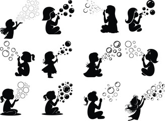 Girl Blowing Bubbles Silhouette Set – Whimsical Childhood Moments Bubble Girl Silhouette Vector Collection – Playful Clipart Pack