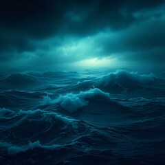 Dark stormy ocean waves under a cloudy sky at twilight creating a moody atmosphere