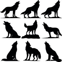 Collection of Silhouette Howling Wolves Isolated on White Background Vector Illustration