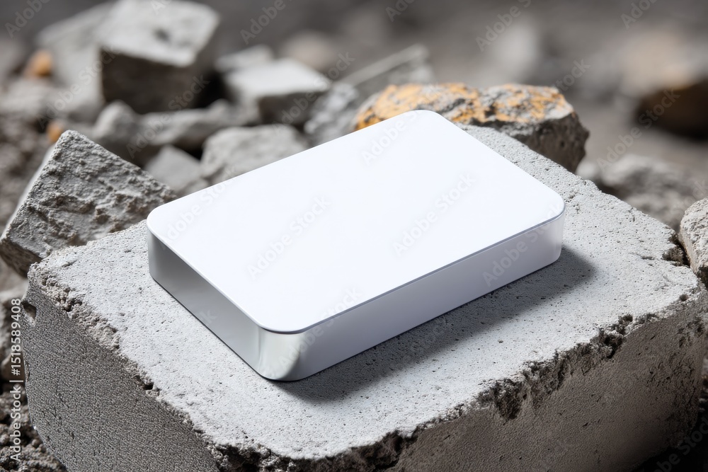 Poster a white, minimalistic box resting on a rough concrete block, surrounded by debris, creating a contra