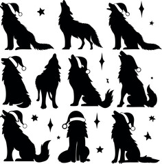 Christmas Howling Wolf Silhouettes with Santa Hats and Stars Pattern Design