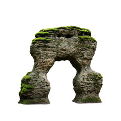 Cutout natural rock arch in the forest. Stone arch isolated on transparent  background. Old boulder with moss. Cave entrance. PNG