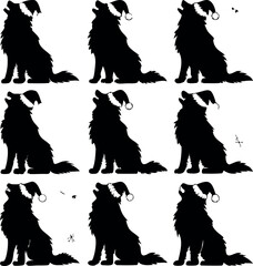 Nine Black Silhouetted Dogs Howling at the Moon Wearing Santa Hats