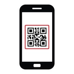 Minimalist black outline smartphone held vertically. Screen displays centered black and white QR code. Straight-on view, clean illustrative style. Isolated on white, no background. Simple digital tech