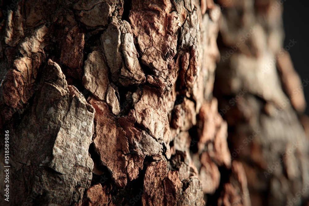 Poster close up detail of aged tree bark texture, showing patterns and natural colors, creating a rustic, n