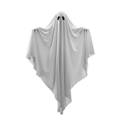 Floating scary white fabric ghost for Halloween parties to celebrate the night holiday. Creepy ghost character isolated on transparent background, PNG 