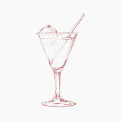 Elegant festive beverage and Italian style aperitivo cocktail, hand drawn with vintage red ink sketch style and noisy gritty dot halftone texture.