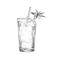 Italian style alcoholic beverage, hand drawn with vintage ink sketch, noisy gritty dot halftone effect. Retro pop art stipple illustration for restaurant branding.