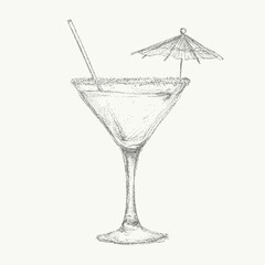 Summer aperitivo and cozy cafe cocktail in Italian style, illustrated with vintage ink sketch. Noisy gritty dot halftone effect and retro pop art stipple texture.
