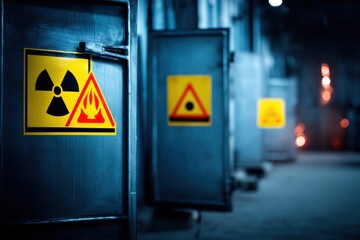 Close-up view of warning signs indicating radiation hazard and fire risk on metal doors, in a dimly lit, industrial setting, promoting caution and safety awareness.