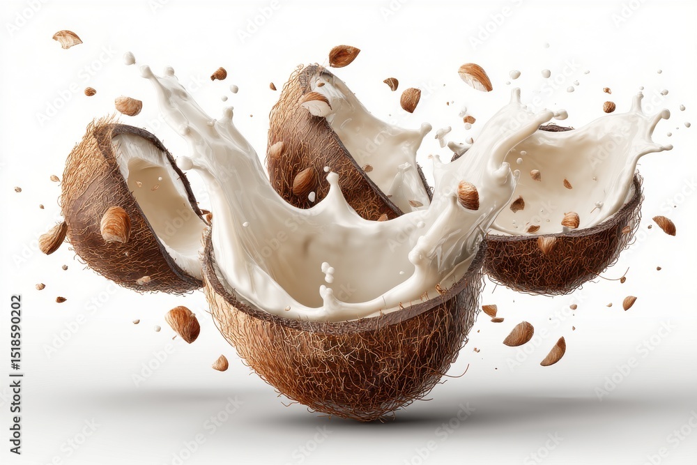 Poster a refreshing splash of coconut milk erupts from cracked coconuts, creating a dynamic and visually ap