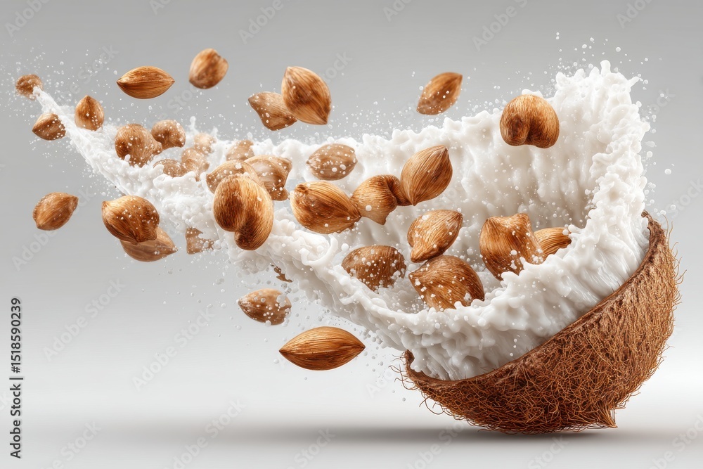 Poster a dynamic shot of almonds cascading into a coconut shell filled with splashing milk, creating a visu