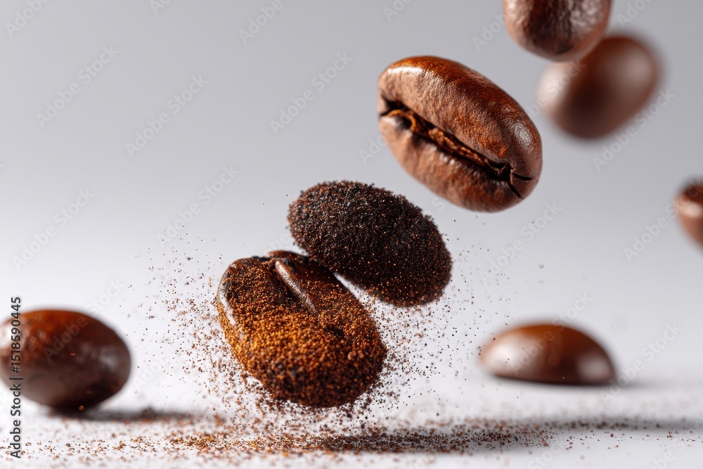 Poster an artistic, close-up composition showcasing coffee beans and grounds in mid-air, creating a visuall