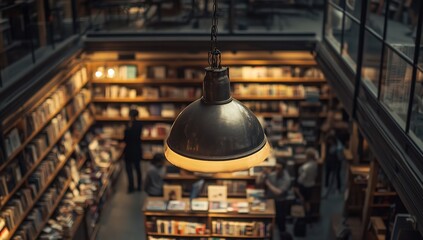 Overhead View of Pendant Lamp in Bookstore with Warm Lighting and People Browsing Shelves