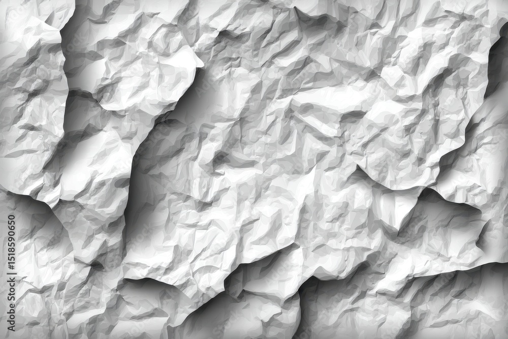 Poster close-up of crumpled white paper, creating a textured, abstract background with dynamic shadows and 