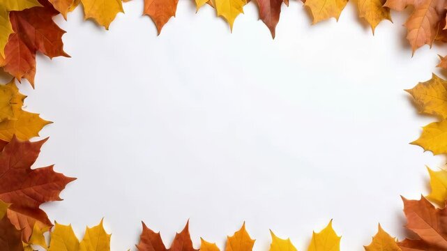 Colorful maple foliage forms a frame on white background, autumnal scene with falling leaves and copy space for graphic resources and compositing.