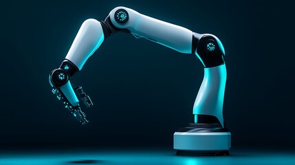 Innovative Desktop Robotic Arm on the Left Side with Clean Dark Blue Setting and Space Reserved for Headline Text