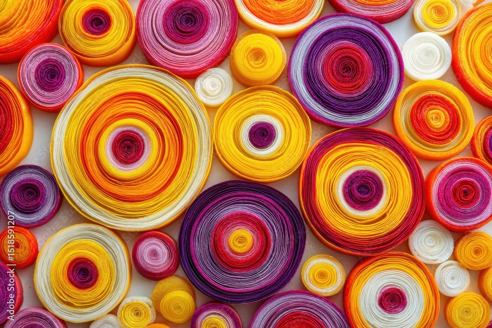 Poster an abstract pattern of vibrant colorful concentric circles, creating a visually striking and artisti