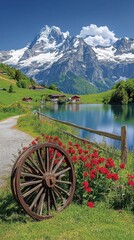 Fototapeta premium Idyllic Swiss landscape featuring a wooden wheel, vibrant red flowers, a tranquil lake reflecting the blue sky, and snow-capped Alps in the background