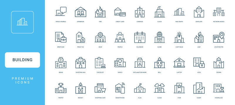collection building-themed icons function buildings urban life