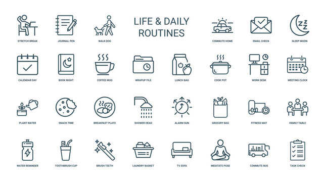 life daily routines icon set, planning activities calendar checklist