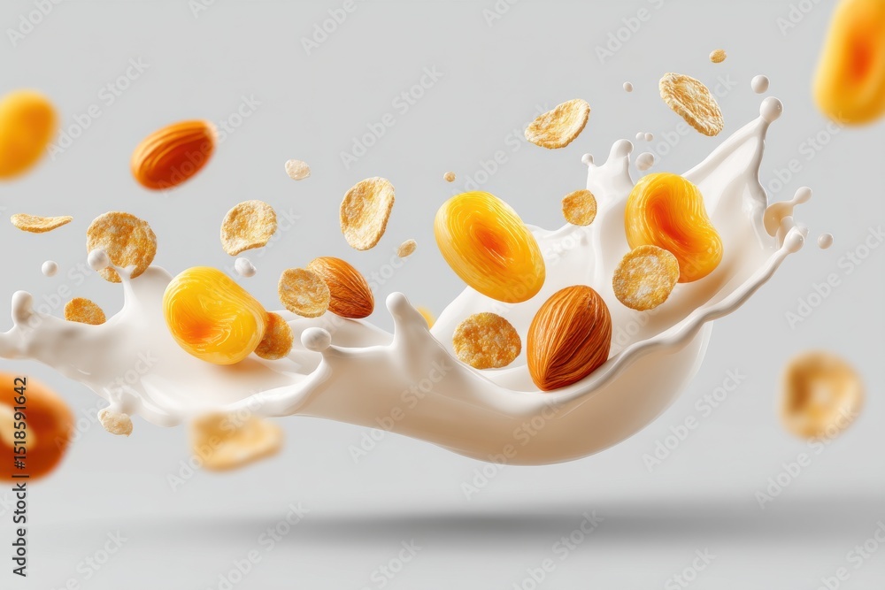 Aufkleber a dynamic and appetizing shot of cereal and nuts splashing into a creamy swirl of milk, creating a d