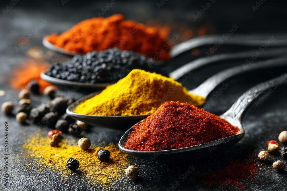 Poster a vibrant display of colorful spices arranged on spoons against a dark background, creating an intri