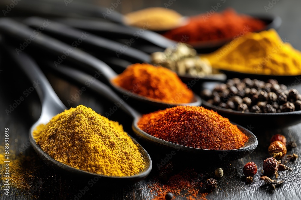 Poster a colorful array of spices displayed on black spoons, creating a visually appealing and flavorful co