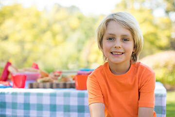 Picnic table displaying checkered tablecloth and plastic tableware with sandwiches in backyard