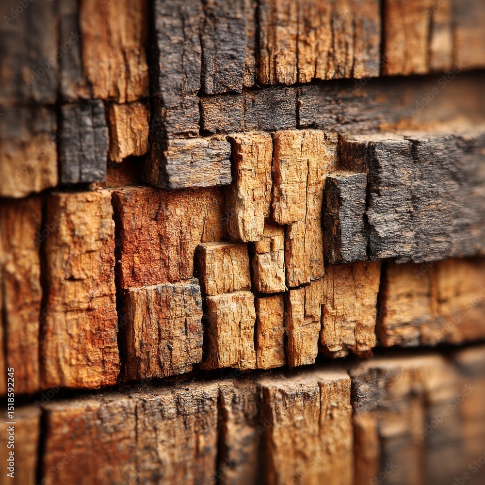 Aufkleber stacked timber: a detailed look at rough-hewn wood with a charred and weathered texture